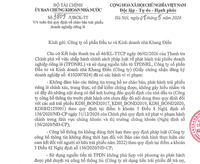 Khang Điền bị "điểm" loạt vi phạm trong phát hành và sử dụng vốn trái phiếu- Ảnh 1.
